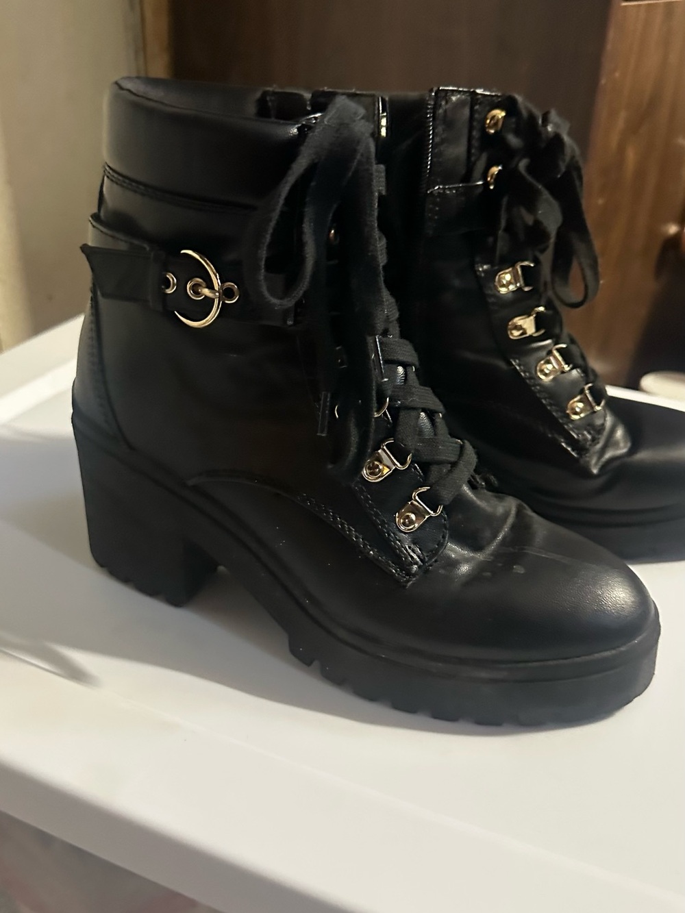 Wild Pair Black Chunky Heel Combat Boots with Gold Hardware